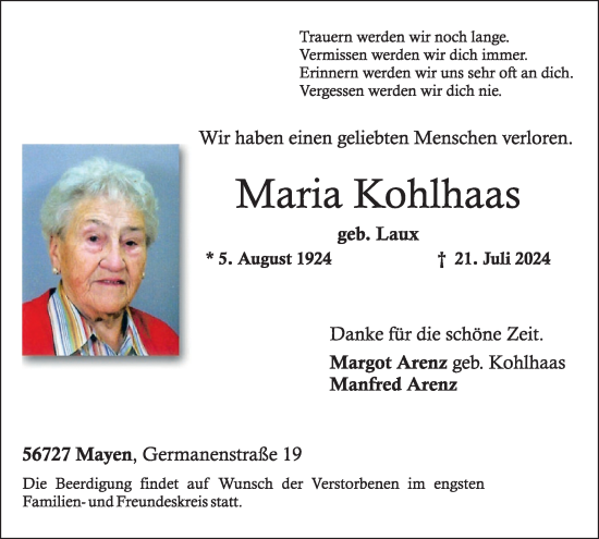 Traueranzeige von Maria Kohlhaas von WochenSpiegel