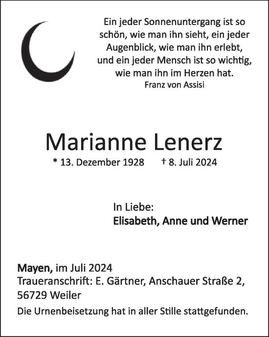 Traueranzeige von Marianne Lenerz von WochenSpiegel