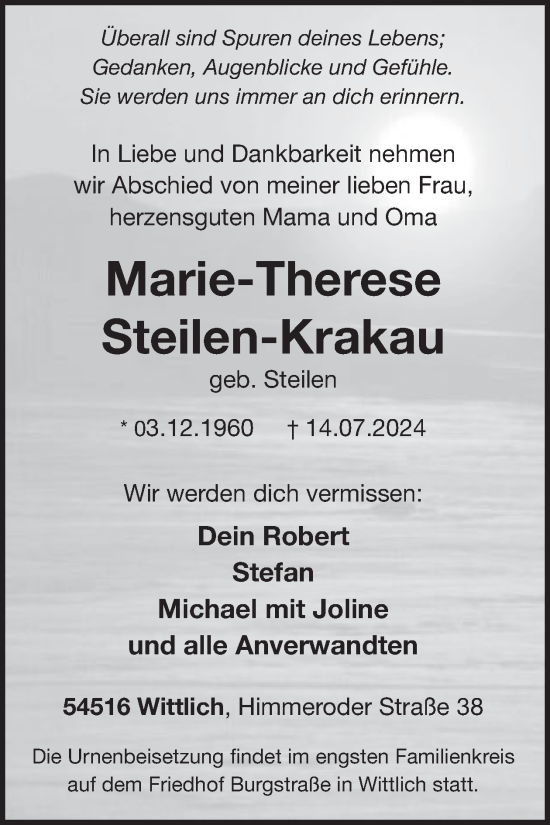 Traueranzeige von Marie-Therese Steilen-Krakau von WochenSpiegel