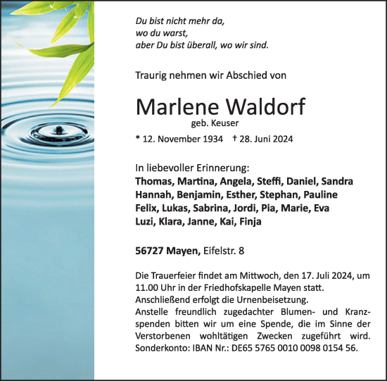 Traueranzeige von Marlene Waldorf von WochenSpiegel