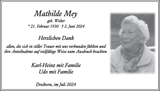 Traueranzeige von Mathilde Mey von WochenSpiegel