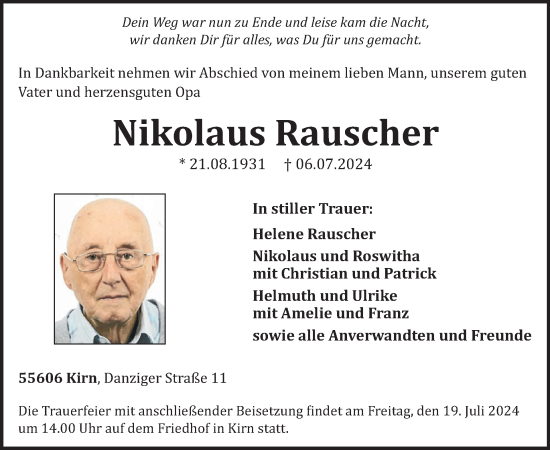 Traueranzeige von Nikolaus Rauscher von WochenSpiegel