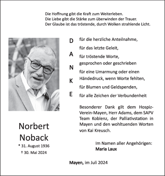 Traueranzeige von Nobert Noback von WochenSpiegel