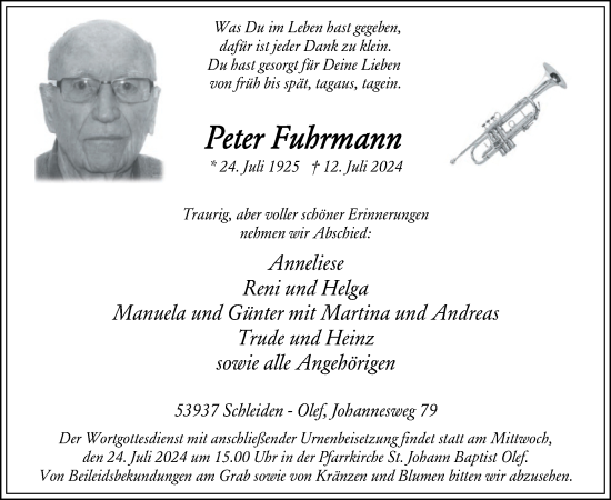 Traueranzeige von Peter Fuhrmann von WochenSpiegel