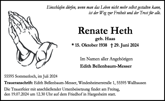Traueranzeige von Renate Heth von WochenSpiegel
