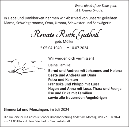 Traueranzeige von RenateRuth Gutheil von WochenSpiegel