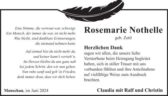 Traueranzeige von Rosemarie Nothelle von WochenSpiegel