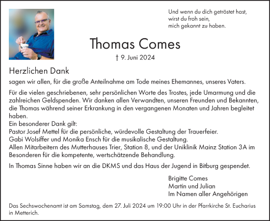 Traueranzeige von Thomas Comes von WochenSpiegel