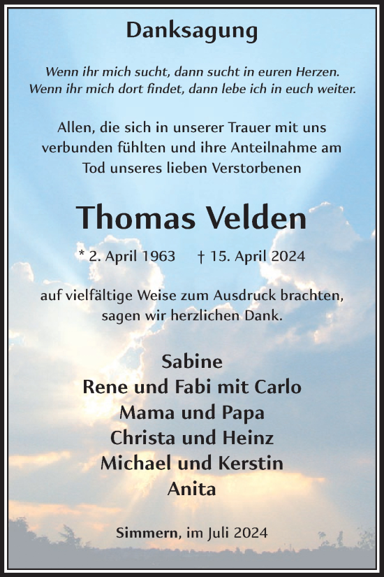 Traueranzeige von Thomas Velden von WochenSpiegel