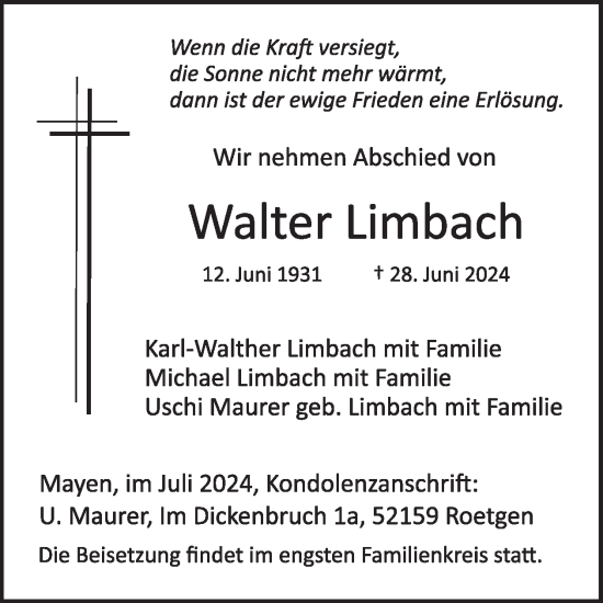 Traueranzeige von Walter Limbach von WochenSpiegel