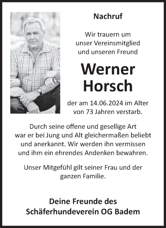 Traueranzeige von Werner Horsch von WochenSpiegel