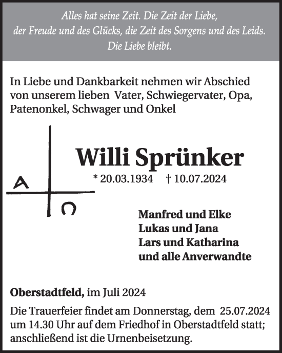 Traueranzeige von Willi Sprünker von WochenSpiegel