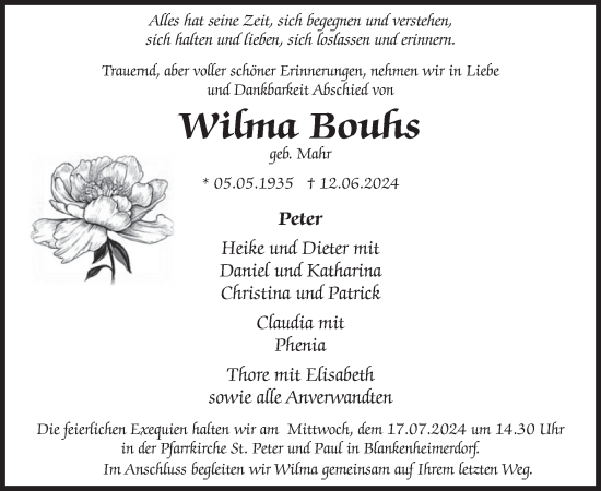 Traueranzeige von Wilma Bouhs von WochenSpiegel