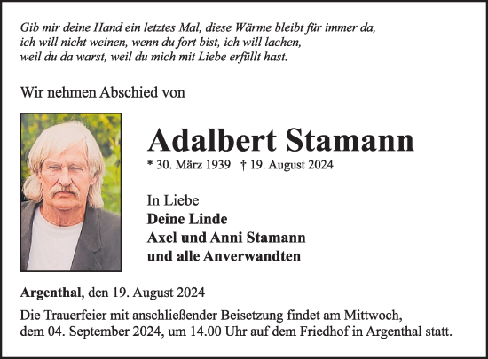 Traueranzeige von Adalbert Stamann von WochenSpiegel