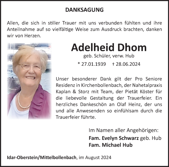 Traueranzeige von Adelheid Dhom von WochenSpiegel