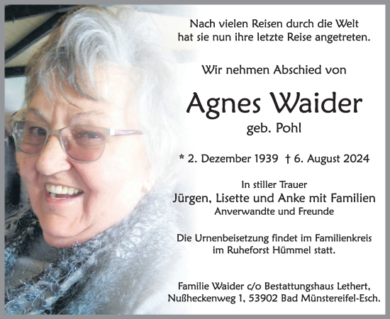 Traueranzeige von Agnes Waider von WochenSpiegel
