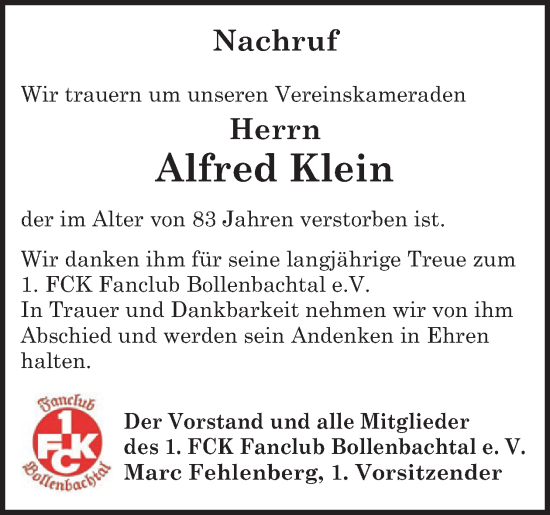 Traueranzeige von Alfred Klein von WochenSpiegel