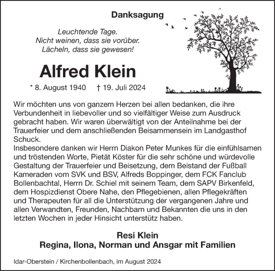 Traueranzeige von Alfred Klein von WochenSpiegel