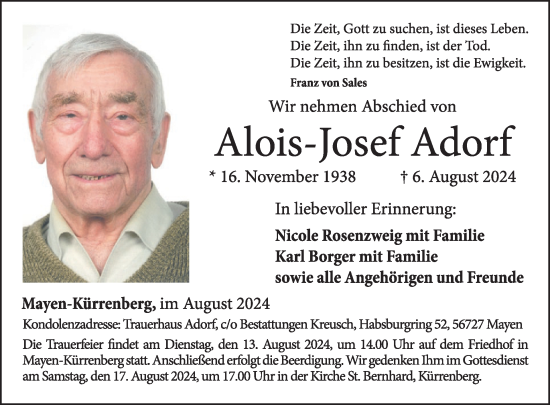 Traueranzeige von Alois-Josef Adorf von WochenSpiegel