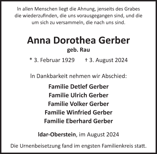 Traueranzeige von Anna Dorothea Gerber von WochenSpiegel