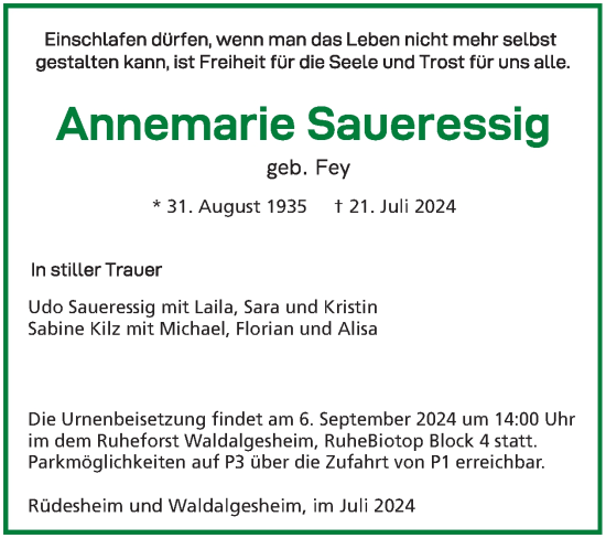 Traueranzeige von Annemarie Saueressig von WochenSpiegel