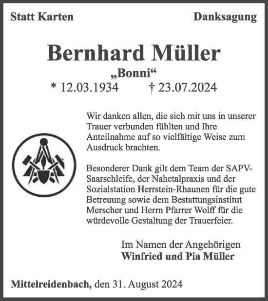 Traueranzeige von Bernhard Müller von WochenSpiegel