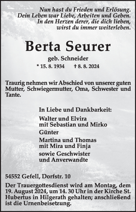 Traueranzeige von Berta Seurer von WochenSpiegel
