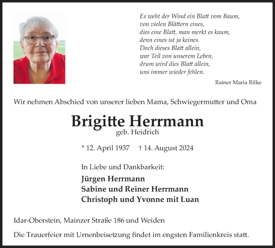 Traueranzeige von Brigitte Herrmann von WochenSpiegel