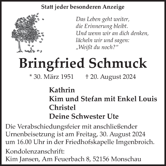 Traueranzeige von Bringfried Schmuck von WochenSpiegel