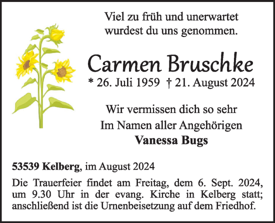 Traueranzeige von Carmen Bruschke von WochenSpiegel