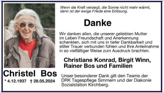 Traueranzeige von Christel Bos von WochenSpiegel