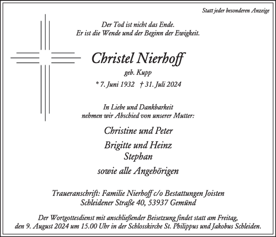 Traueranzeige von Christel Nierhoff von WochenSpiegel