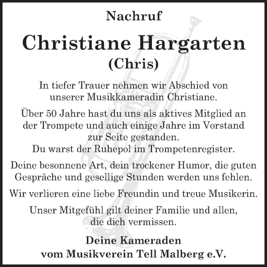 Traueranzeige von Christiane Hargarten von WochenSpiegel