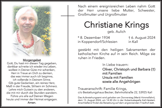 Traueranzeige von Christiane Krings von WochenSpiegel