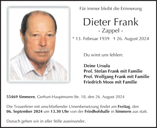 Traueranzeige von Dieter Frank von WochenSpiegel