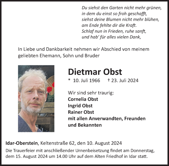 Traueranzeige von Dietmar Obst von WochenSpiegel