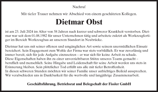 Traueranzeige von Dietmar Obst von WochenSpiegel