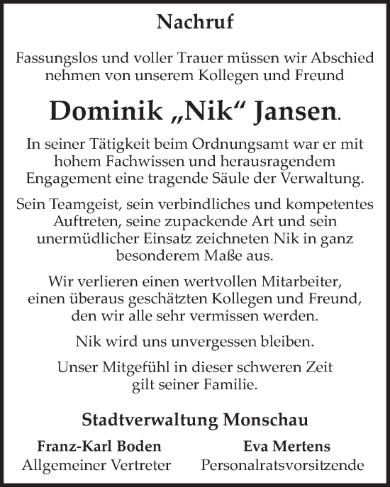 Traueranzeige von Dominik Jansen von WochenSpiegel