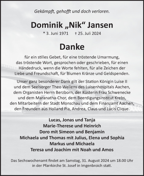 Traueranzeige von Dominik Jansen von WochenSpiegel