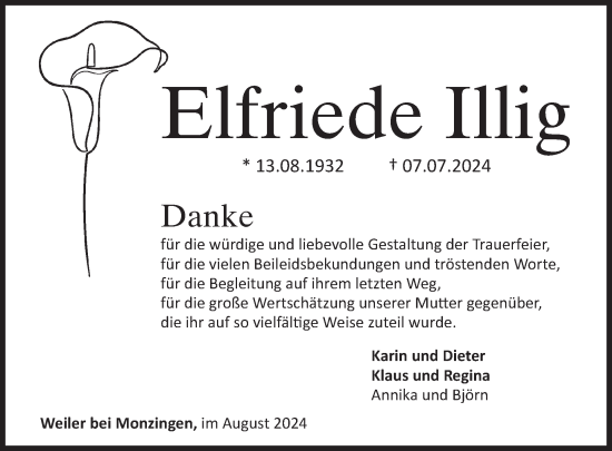 Traueranzeige von Elfriede Illig von WochenSpiegel