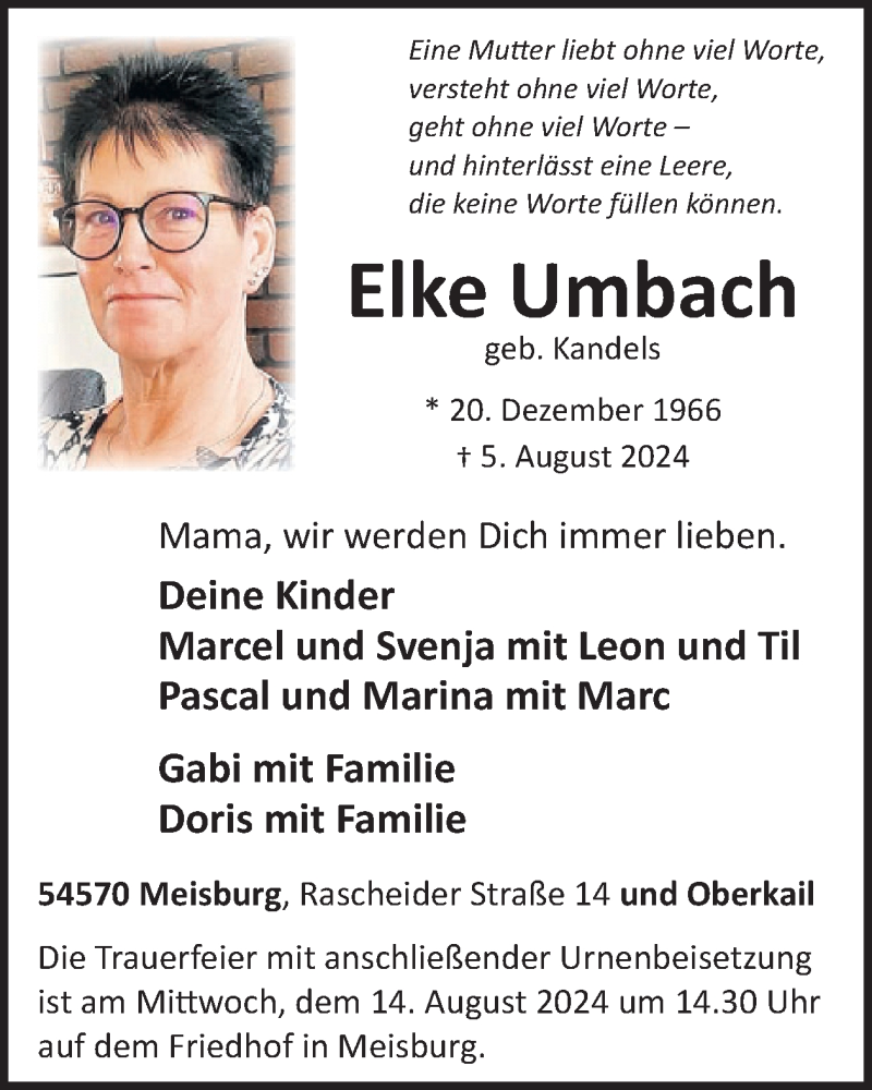  Traueranzeige für Elke Umbach vom 10.08.2024 aus WochenSpiegel