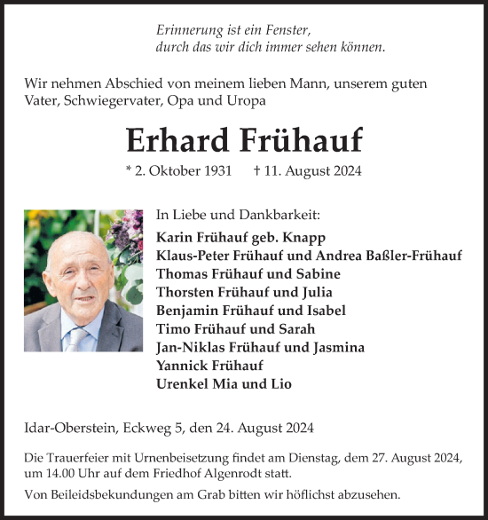 Traueranzeige von Erhard Frühauf von WochenSpiegel