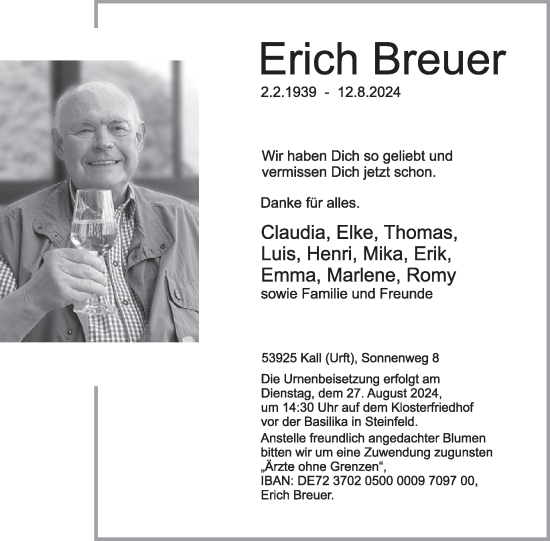 Traueranzeige von Erich Breuer von WochenSpiegel