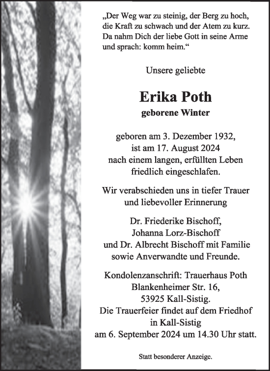 Traueranzeige von Erika Poth von WochenSpiegel