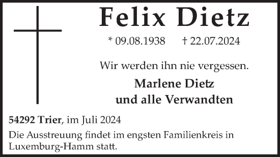 Traueranzeige von Felix Dietz von WochenSpiegel