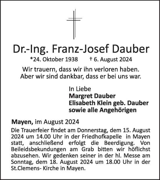 Traueranzeige von Franz-Josef Dauber von WochenSpiegel