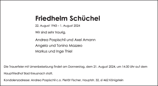 Traueranzeige von Friedhelm Schüchel von WochenSpiegel