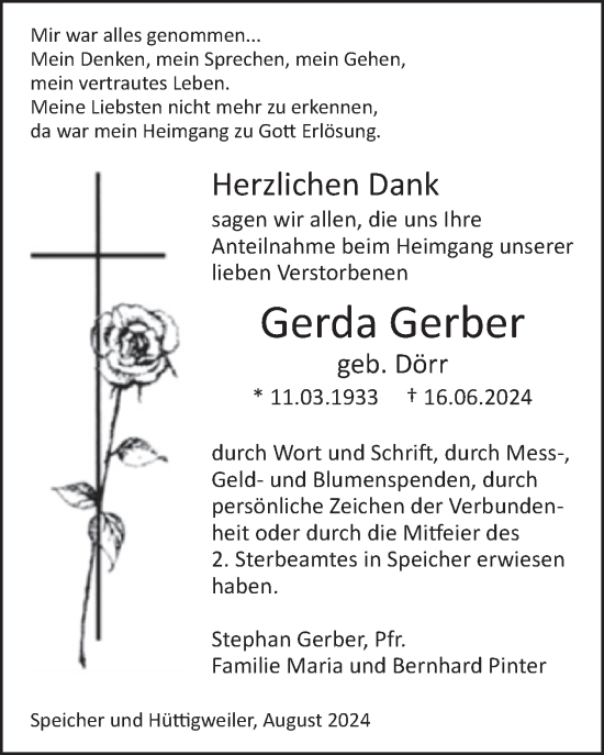 Traueranzeige von Gerda Gerber von WochenSpiegel