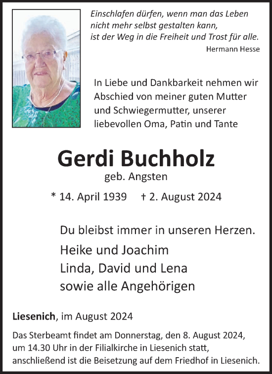 Traueranzeige von Gerdi Buchholz von WochenSpiegel