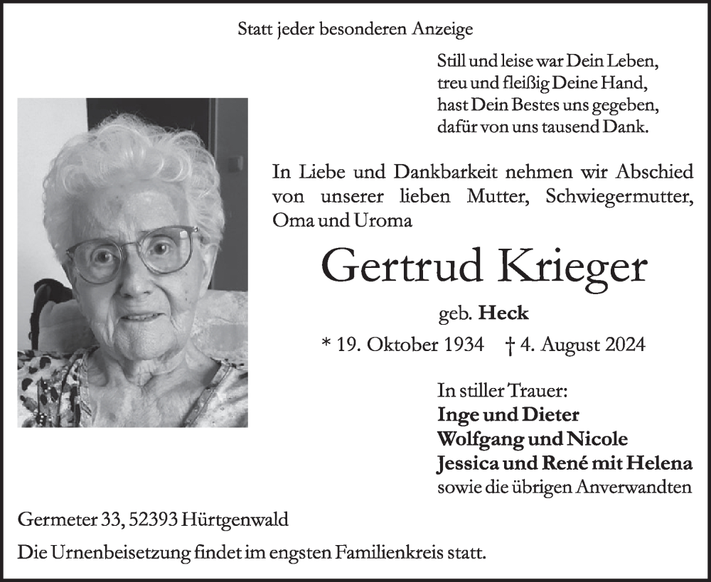  Traueranzeige für Gertrud Krieger vom 14.08.2024 aus WochenSpiegel